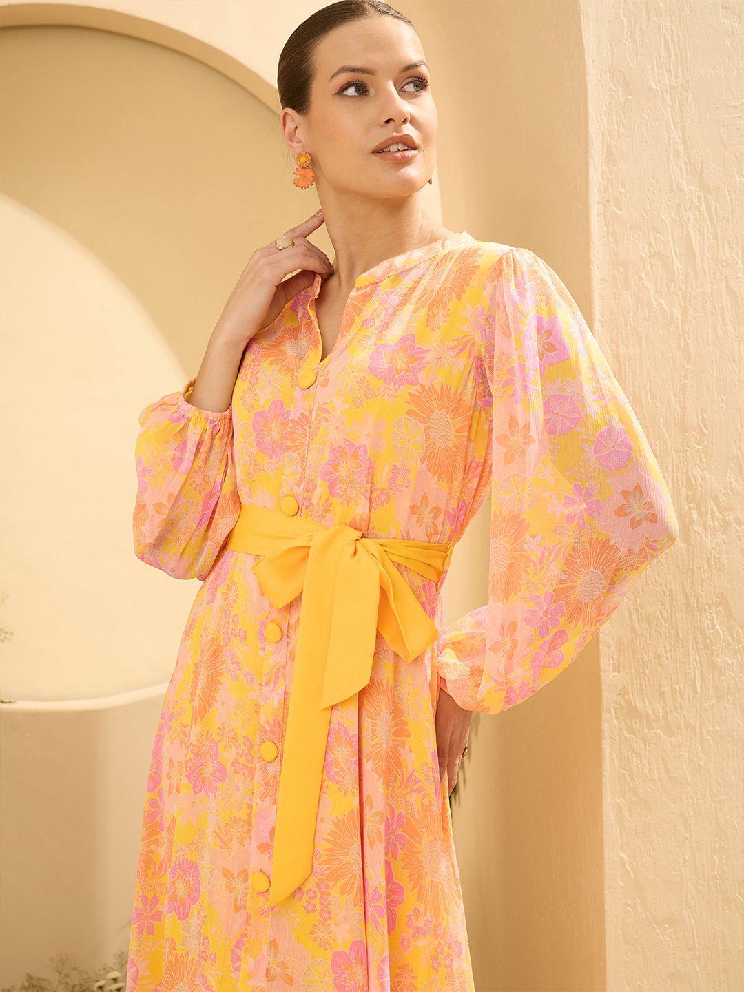 Antheaa Layered Women Floral Printed Mandarin Collar Midi Fit & Flare Dress