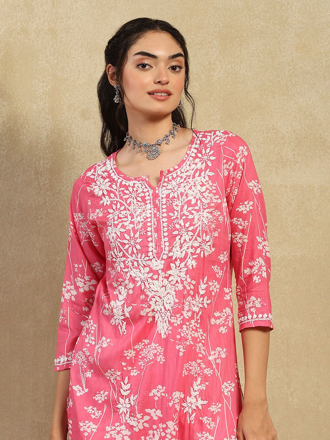 House of Chikankari Women Pink Mulmul Chikankari Embroidered Kurta