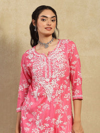 House of Chikankari Women Pink Mulmul Chikankari Embroidered Kurta