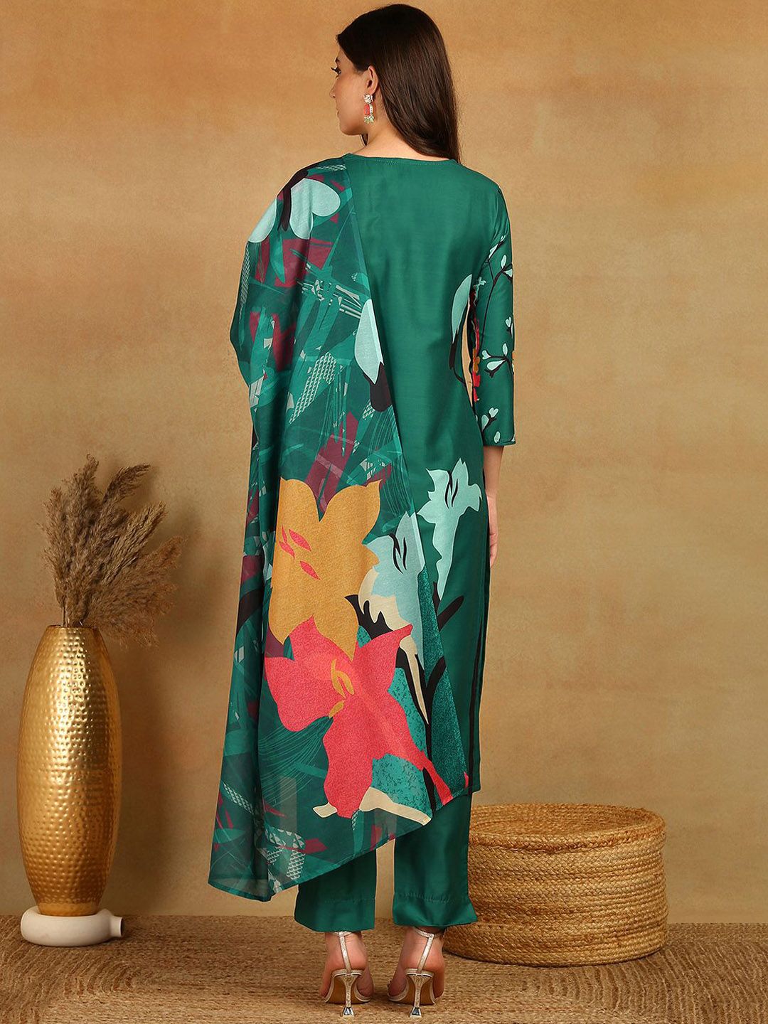 KALINI Floral Printed V-Neck Beads and Stones Kurta with Trousers & Dupatta