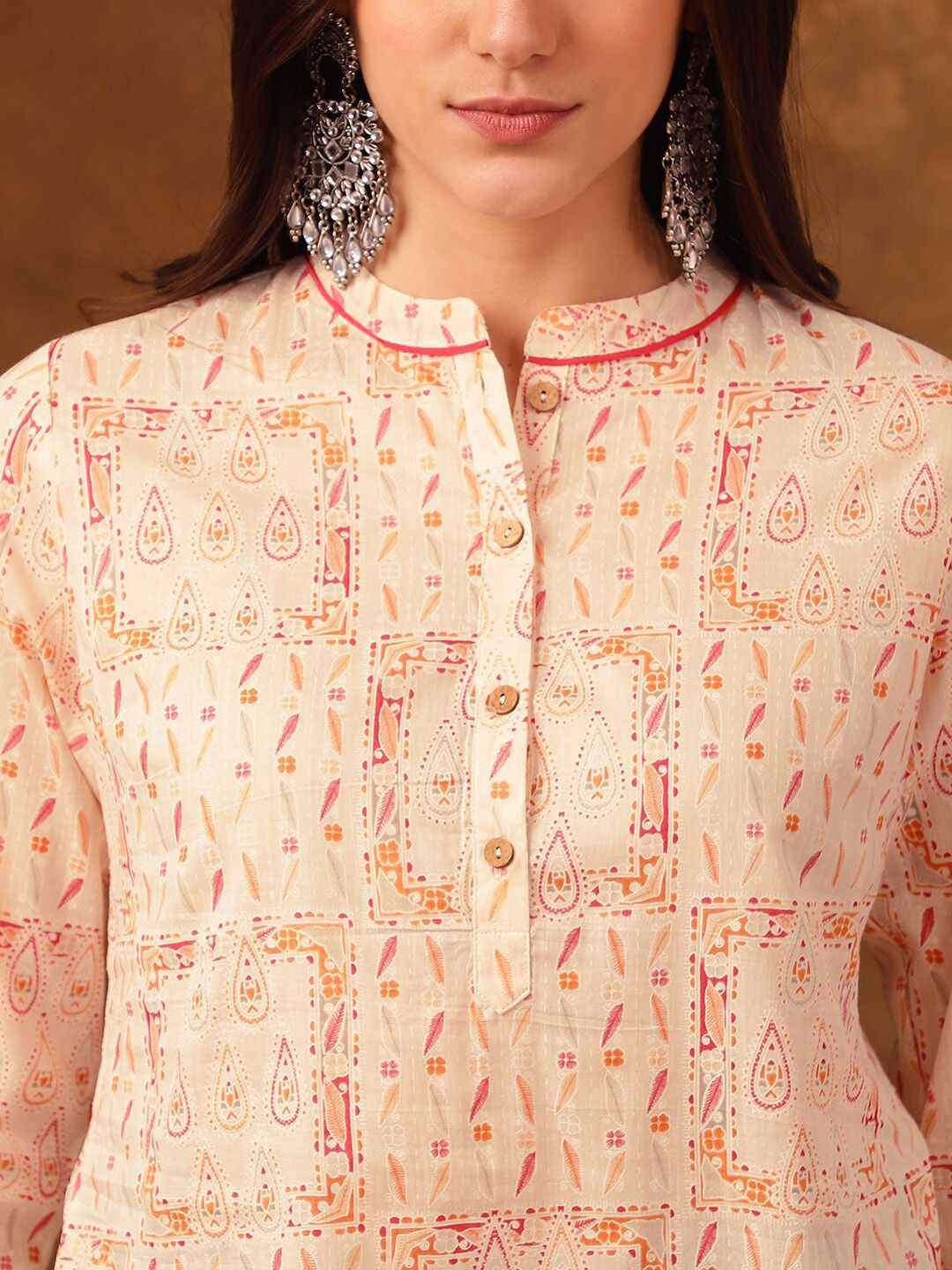 Anouk Ethnic Motif Printed Mandarin Collar Three-Quarter Sleeves Cotton Short Kurti