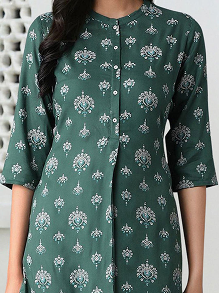 W Women Green & Off-White Printed A-Line Kurta