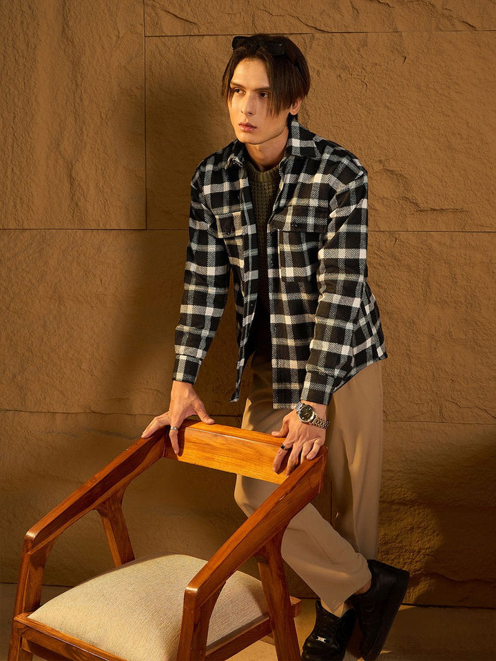 DENNISON Men Double Pocket Drop Shoulder Oversized Cotton Checked Shacket