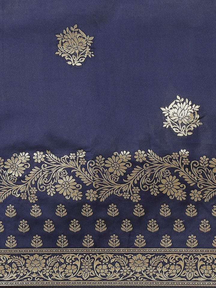 Saree mall Navy Blue & Golden Ethnic Floral Woven Design Banarasi Saree