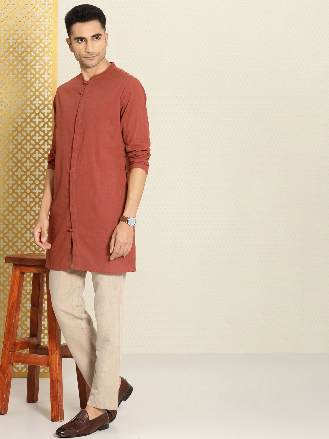 House of Pataudi Men Pure Cotton Solid Straight Mandarin Collar Rozana Kurta