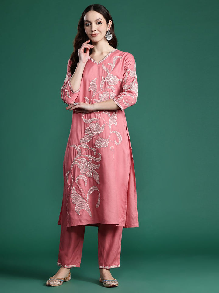 Indo Era Floral Embroidered Sequinned Pure Cotton Kurta with Trousers
