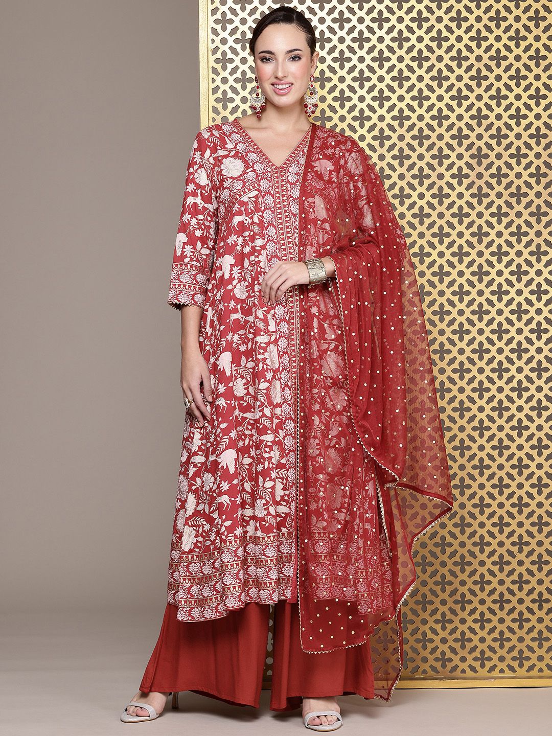 House of Pataudi Jashn Ethnic Motifs Foil Printed A-Line Kurta With Palazzos & Dupatta
