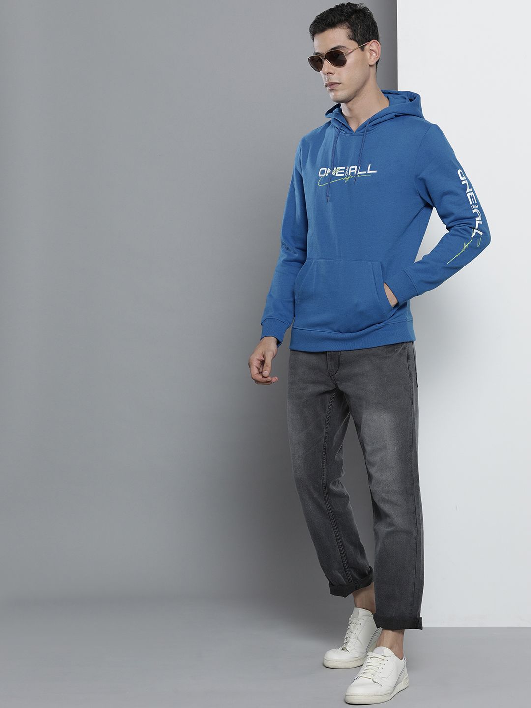 The Indian Garage Co Men Blue Printed Hooded Sweatshirt