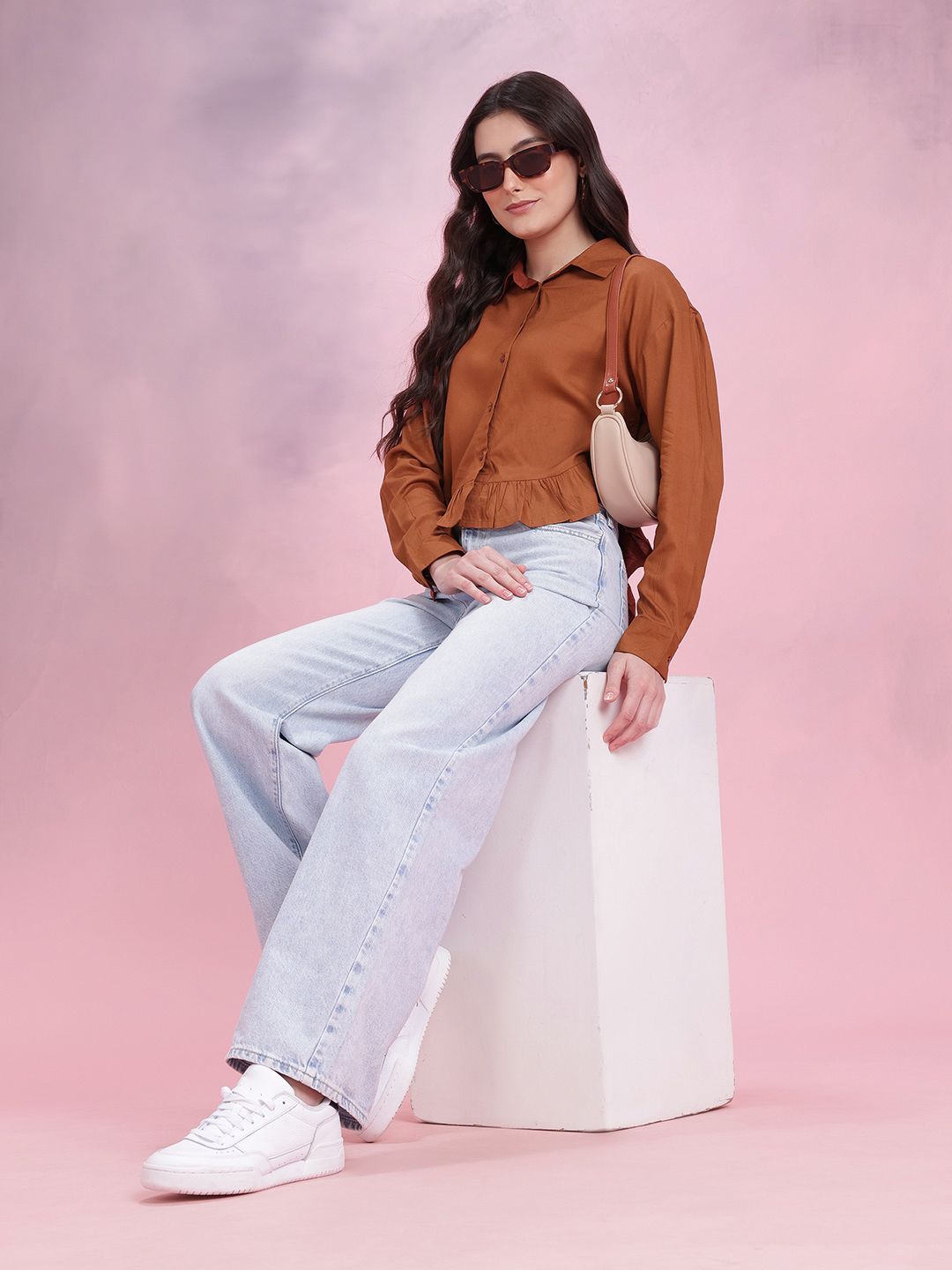 DressBerry Women Ruffled Spread Collar Casual Crop Shirt