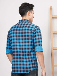 The Indian Garage Co Men Blue & Black Slim Fit Checked Casual Shirt