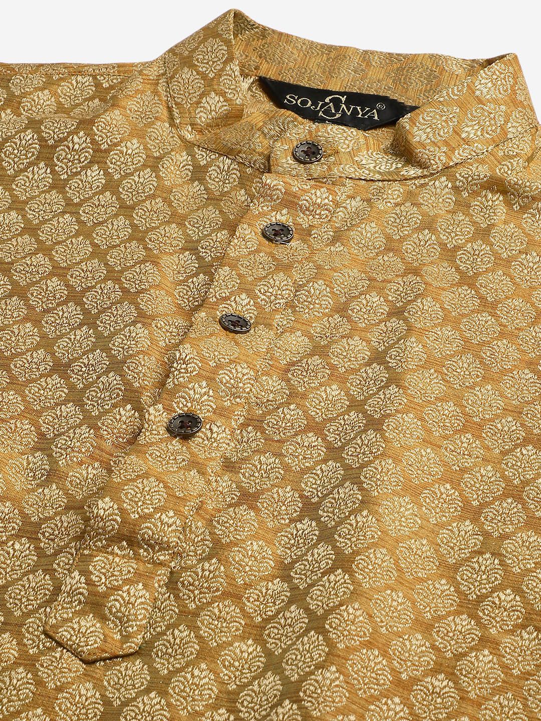 SOJANYA Kurta Jacquard Mustard Kuning & Putih Putih dengan Jaket Churidar & Nehru