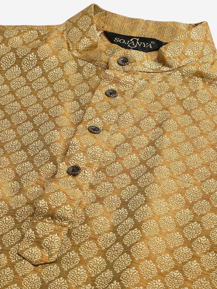 SOJANYA Men Mustard Yellow & Off-White Jacquard Kurta with Churidar & Nehru Jacket