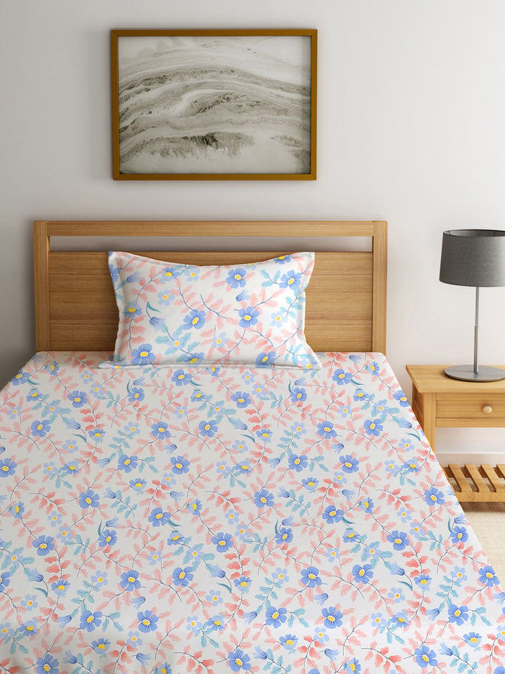 KLOTTHE White Floral Polycotton 300 TC Fitted Single Fine Bedsheet with a Pillow Cover-87 x 59 inches