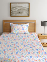 KLOTTHE White Floral Polycotton 300 TC Fitted Single Fine Bedsheet with a Pillow Cover-87 x 59 inches