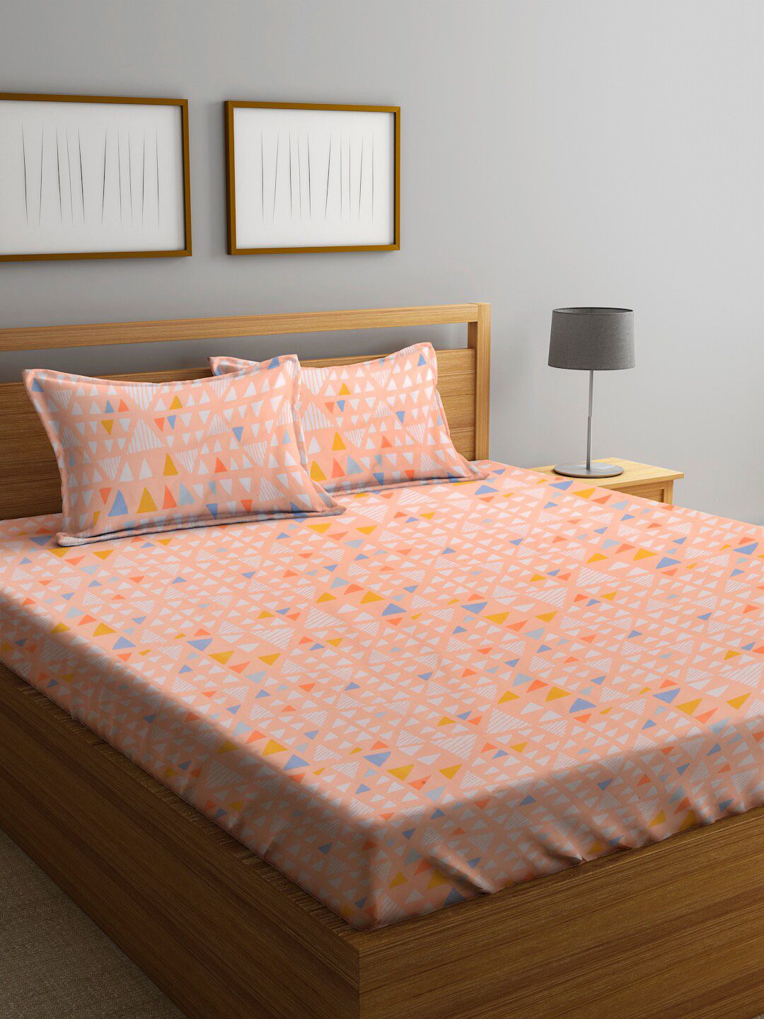 KLOTTHE Peach Kapas Geometrik 300 TC Cadar King Halus dengan 2 Sarung Bantal-98 x 87 inci