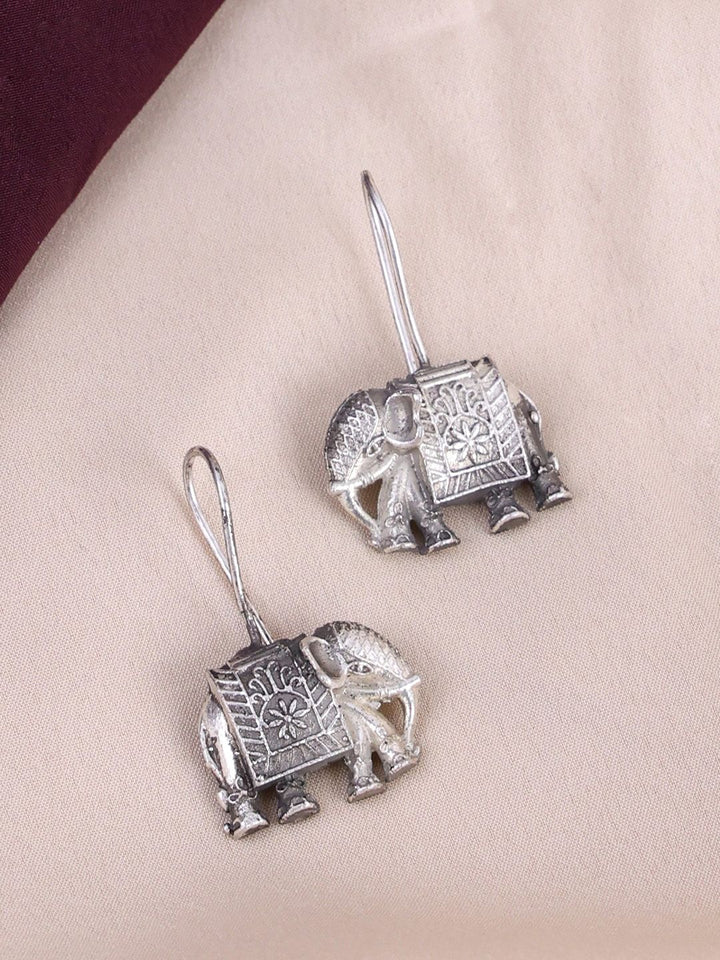 PANASH Silver Toned Elephant Shaped Oxidized Silver-Plated Drop Earrings