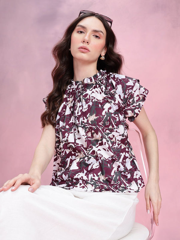 DressBerry Abstract Print Tie-Up Neck Flutter Sleeves Top with Ruffled Detail