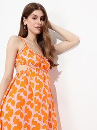 DressBerry Fiery Foliage Waist Cut-Out A-Line Dress