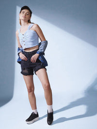 STREET 9 Blue Self Design Fitted Crop Top