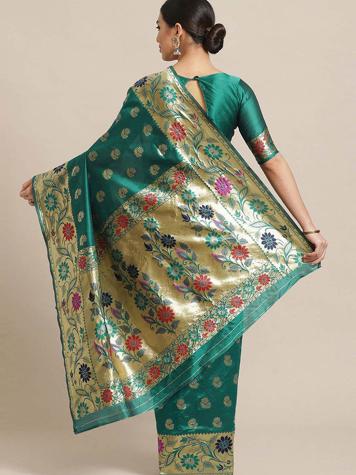 Saree mall Green & Gold-Toned Floral Silk Blend Banarasi Sarees
