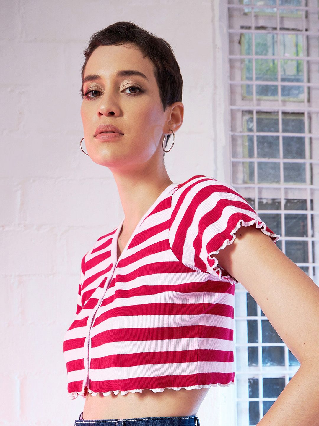 SASSAFRAS Red & White Striped Cotton V-Neck Crop Top