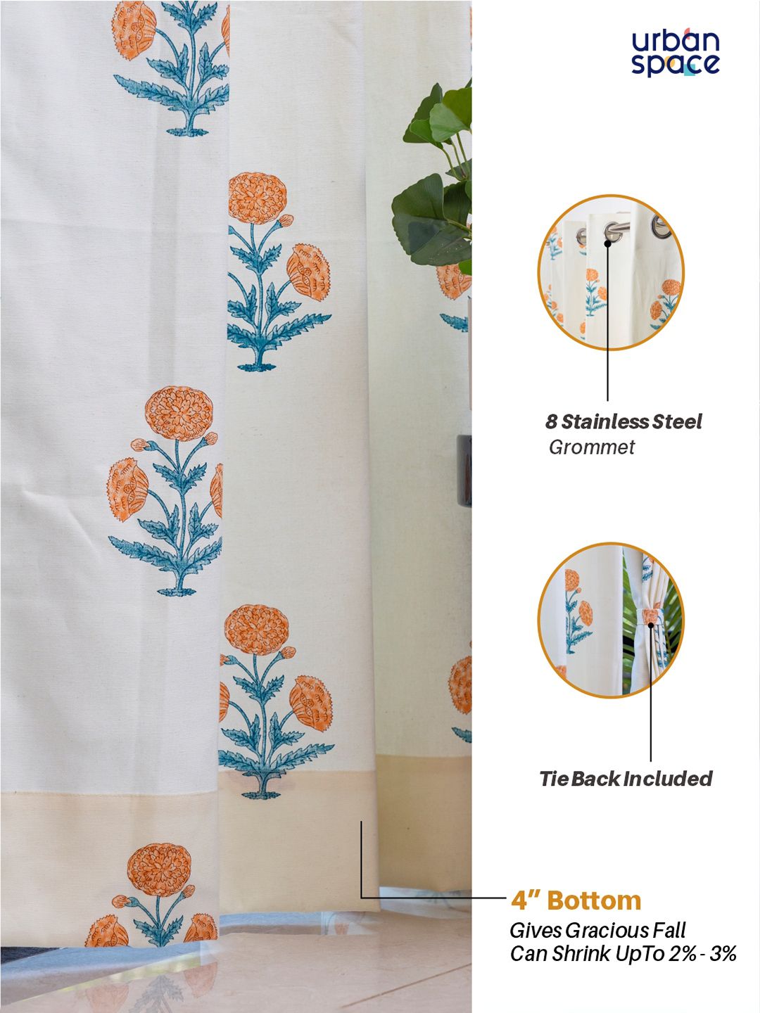 URBAN SPACE White & Yellow 2 Pieces Floral Printed Window Curtains