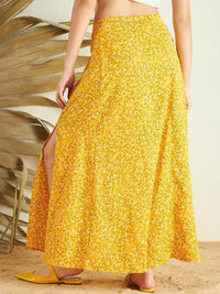 Berrylush Yellow Floral Print High Rise Side Slit A-Line Maxi Skirt