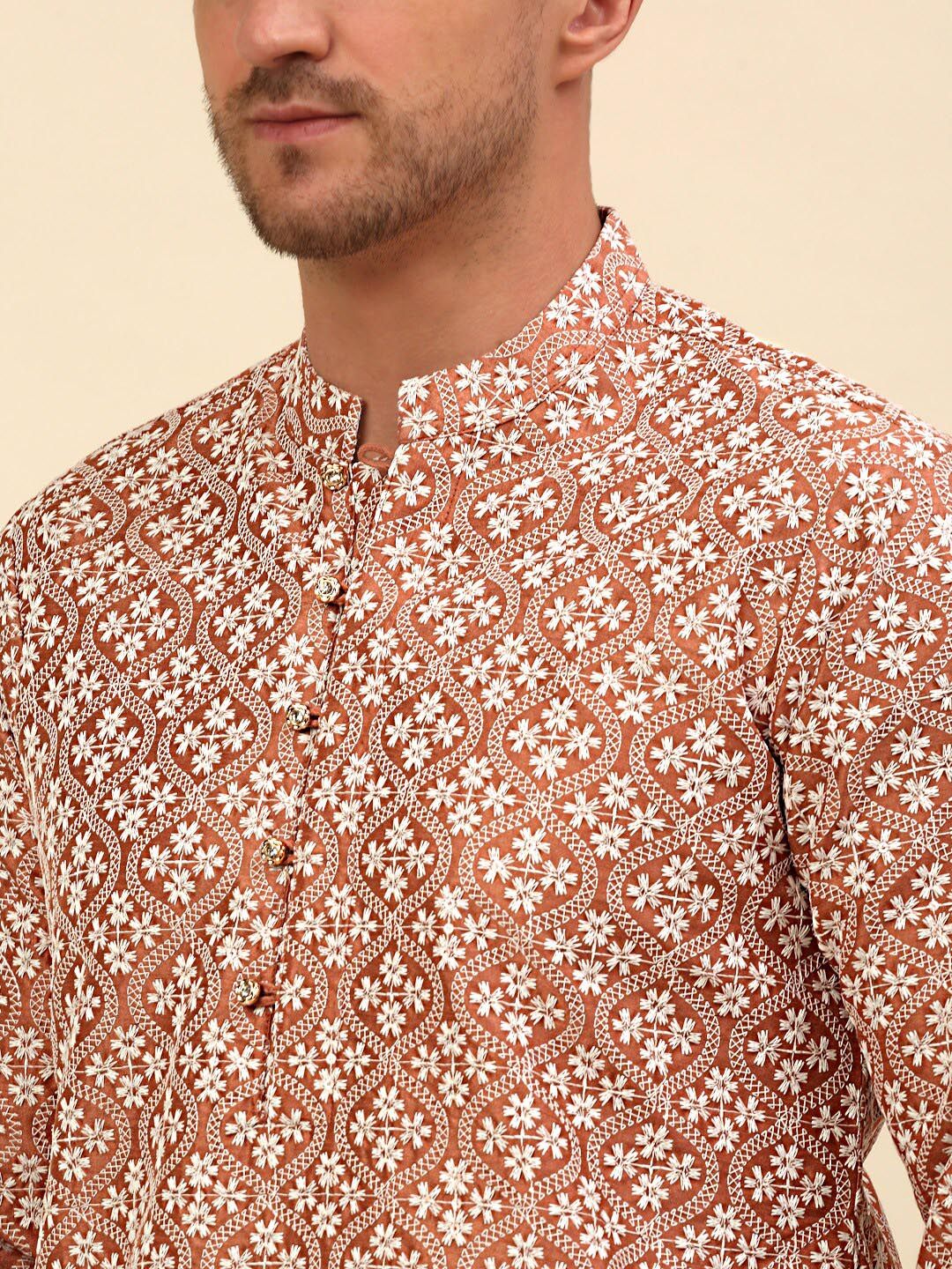 Anouk Peach Floral Embroidered Regular Chikankari Kurta with Pyjama