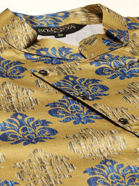 SOJANYA Men Maroon & Golden Solid Kurta with Churidar & Ethnic Jacket