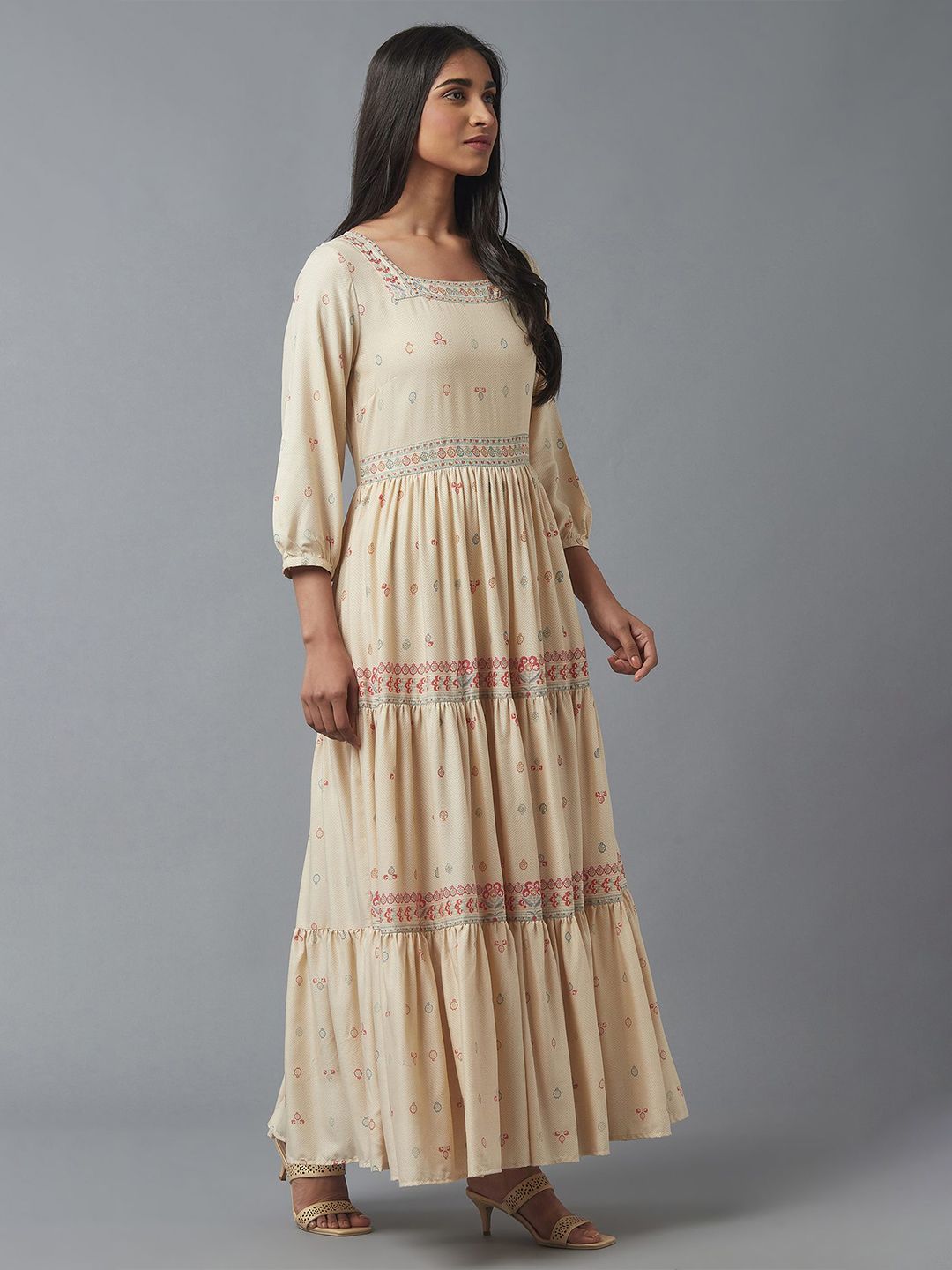 W Beige & Maroon Ethnic Motifs Maxi Dress