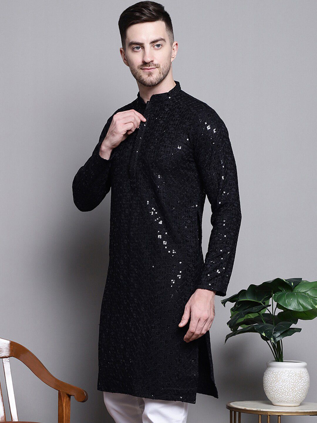 Jompers Floral Embroidered Thread Work Sequinned Pure Cotton Kurta