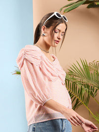 SASSAFRAS Floral Printed Puff Sleeve Ruched Top