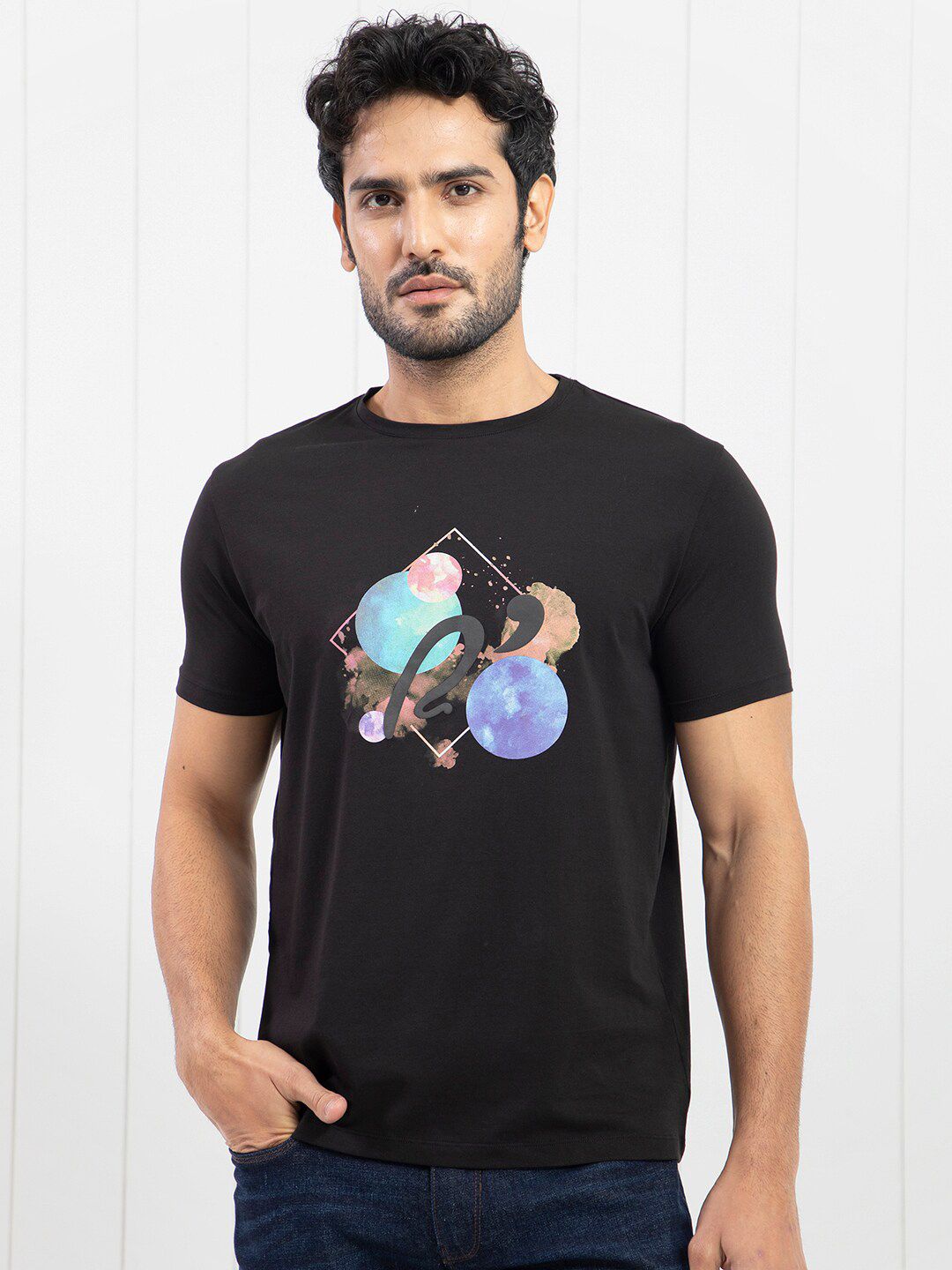 RARE RABBIT Men Moreno Graphic Printed Slim Fit Cotton T-Shirt