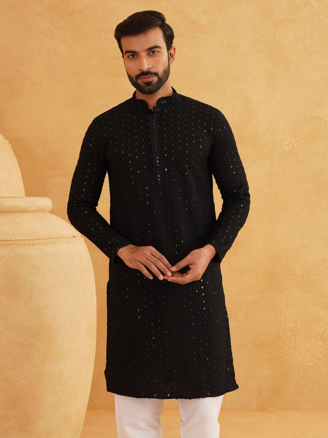 SOJANYA Ethnic Motifs Embroidered Sequined Pure Cotton Kurta with Churidar