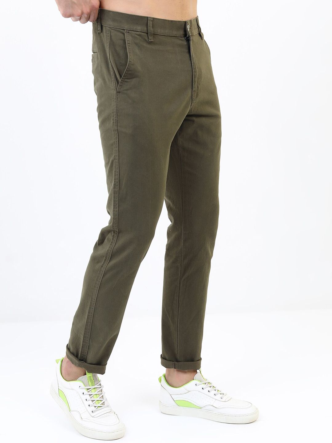 HIGHLANDER Men Olive Green Slim Fit Chinos Trousers