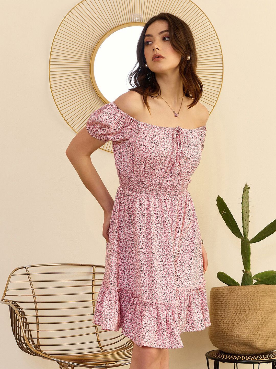 Berrylush Pink Floral Print Off-Shoulder Smocked Fit & Flare Dress