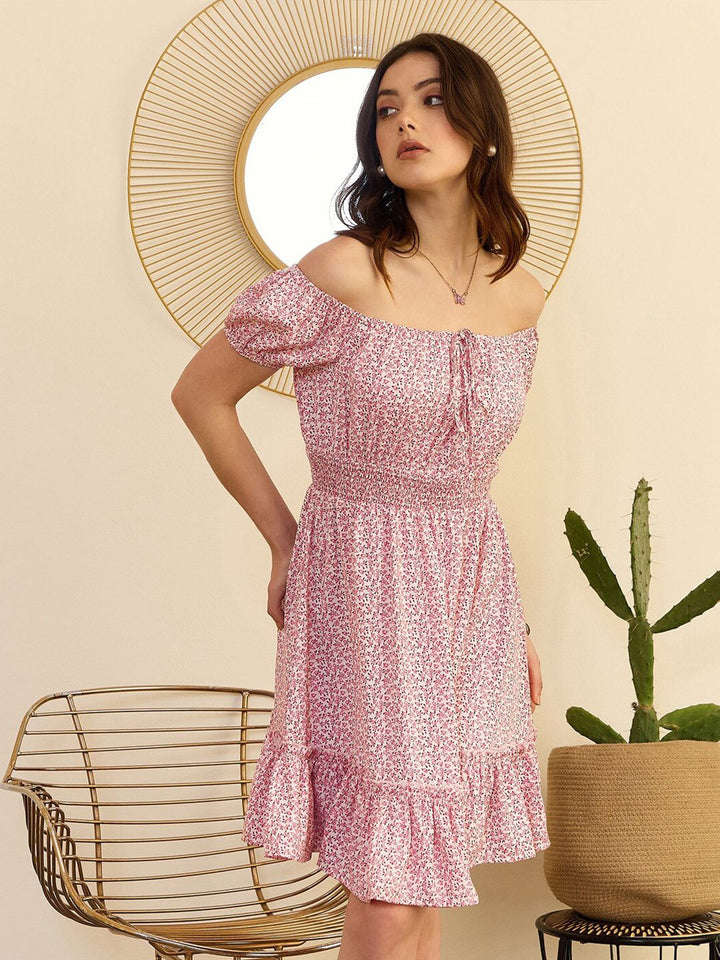 Berrylush Pink Floral Print Off-Shoulder Smocked Fit & Flare Dress