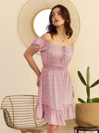 Berrylush Pink Floral Print Off-Shoulder Smocked Fit & Flare Dress