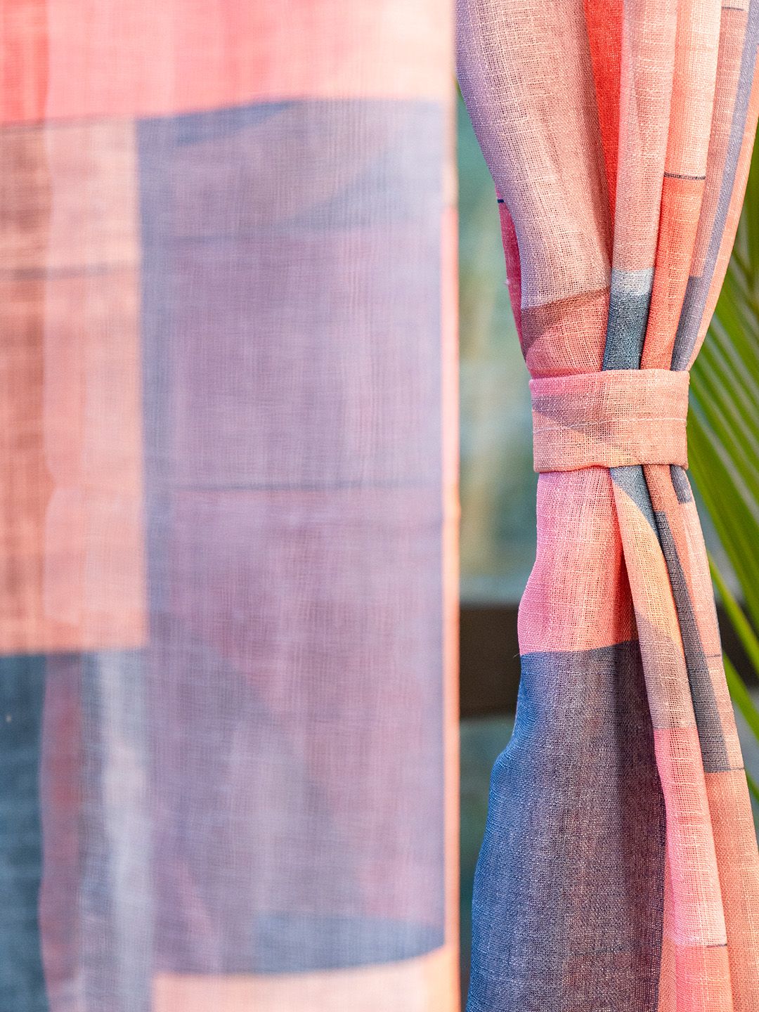 URBAN SPACE Pink 2 Pieces Geometric Printed Sheer Window Curtains
