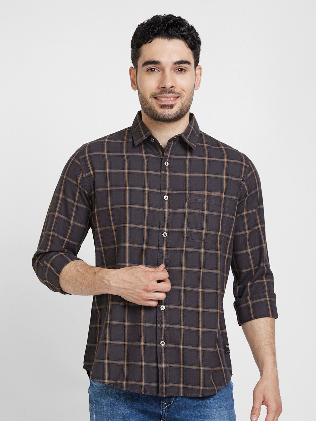 SPYKAR Classic Slim Fit Windowpane Checked Casual Cotton Shirt
