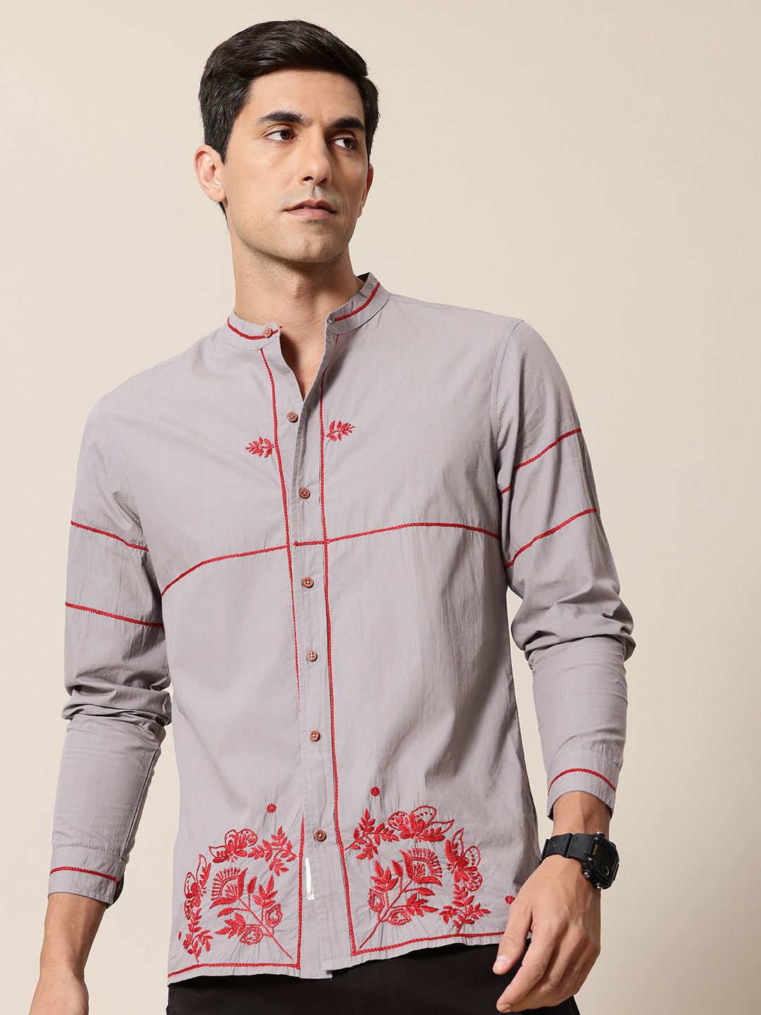Mr Bowerbird Pure Cotton Floral Embroidered Tailored Fit Opaque Casual Shirt
