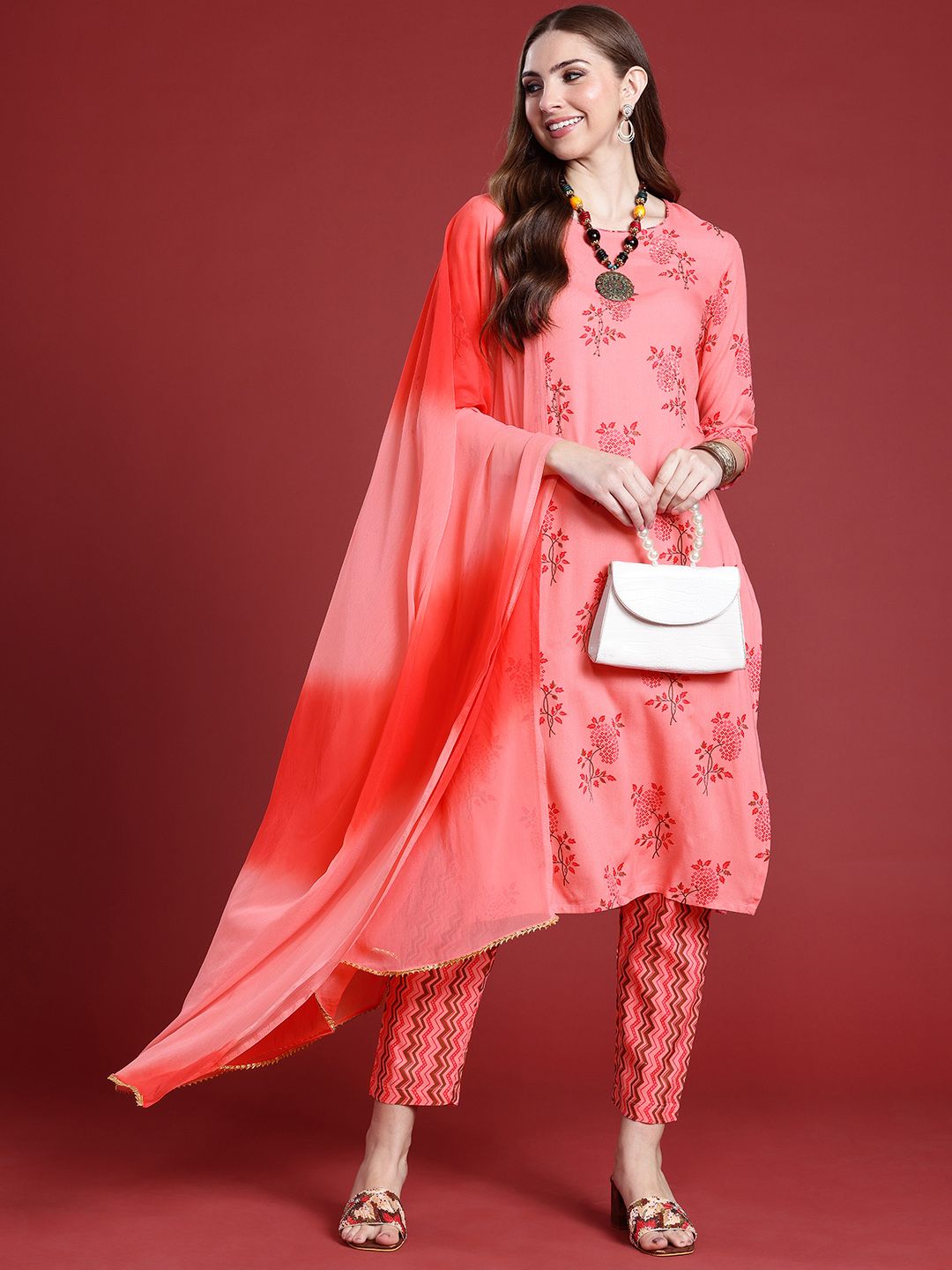 Anouk Women Floral Printed Sequinned Kurta With Trousers & Dupatta