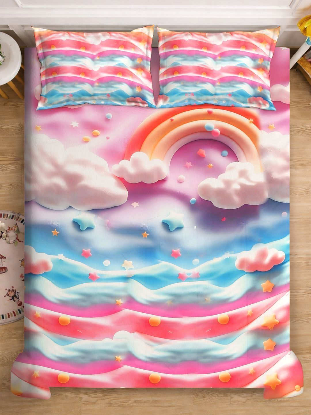 Pink Cartoon Printed Flat 7D 400 TC King Size Superfine Bedsheet With 2 Pillow Cover