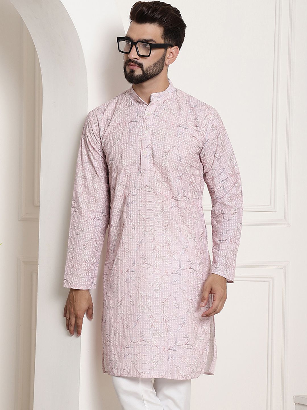 SOJANYA Men Pink Thread Work Kurta