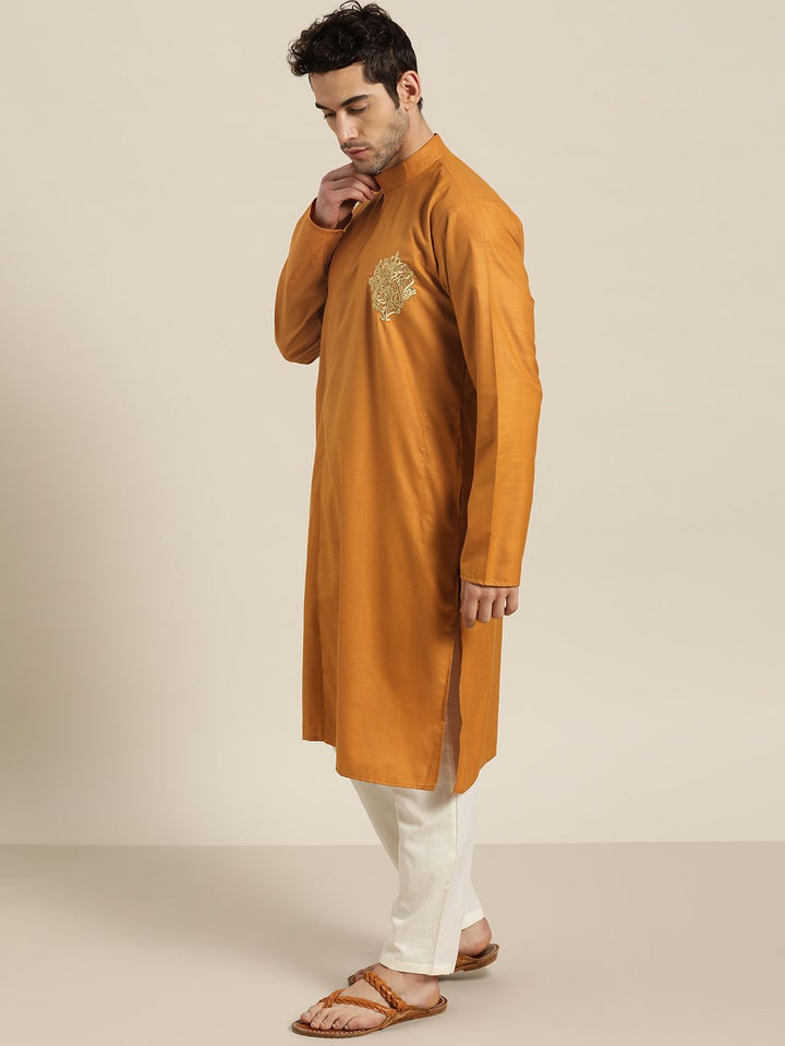 SOJANYA Men Mustard Yellow Solid Pure Cotton Kurta