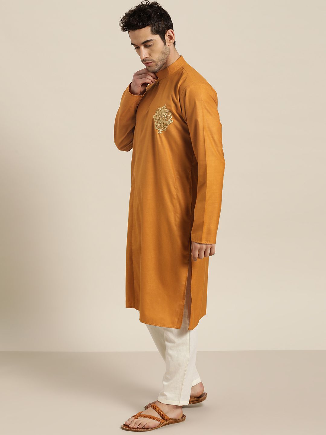 SOJANYA Men Mustard Yellow Solid Pure Cotton Kurta