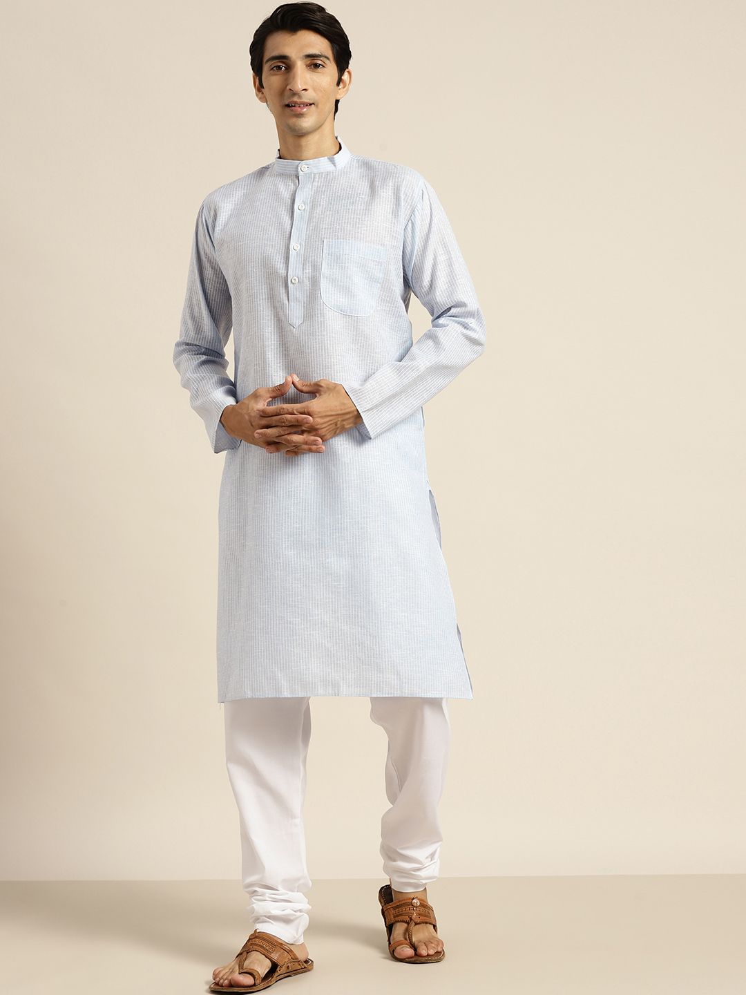 SOJANYA Lelaki Biru & Putih Pure Cotton Striped Kurta
