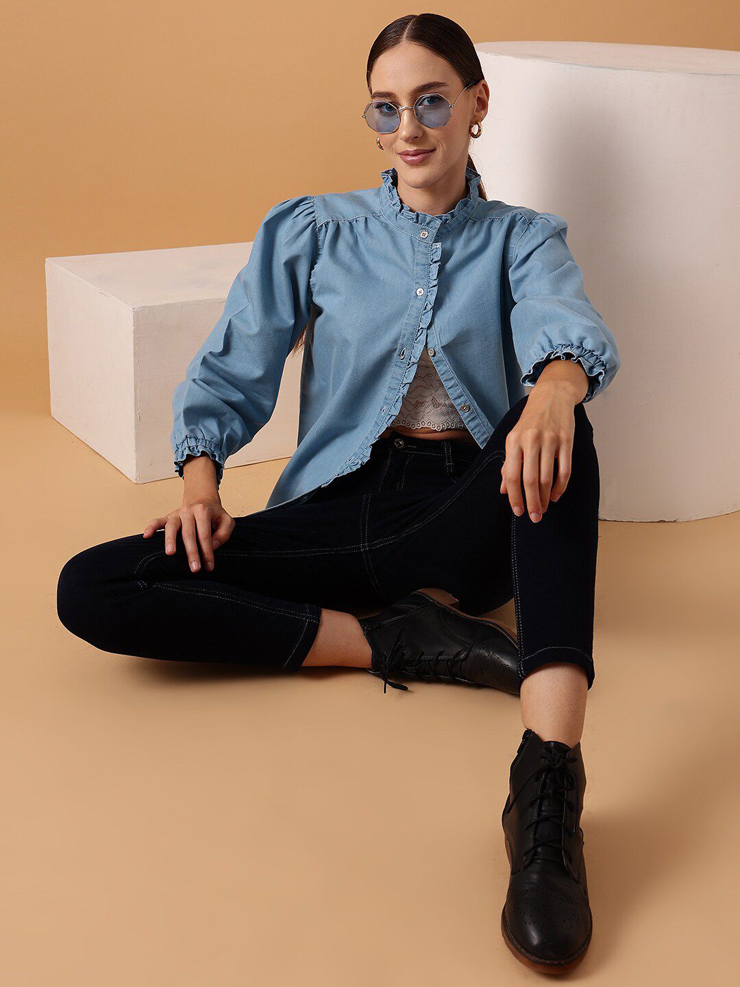 STREET 9 Comfort Denim Cotton Puff Sleeves Casual Shirt