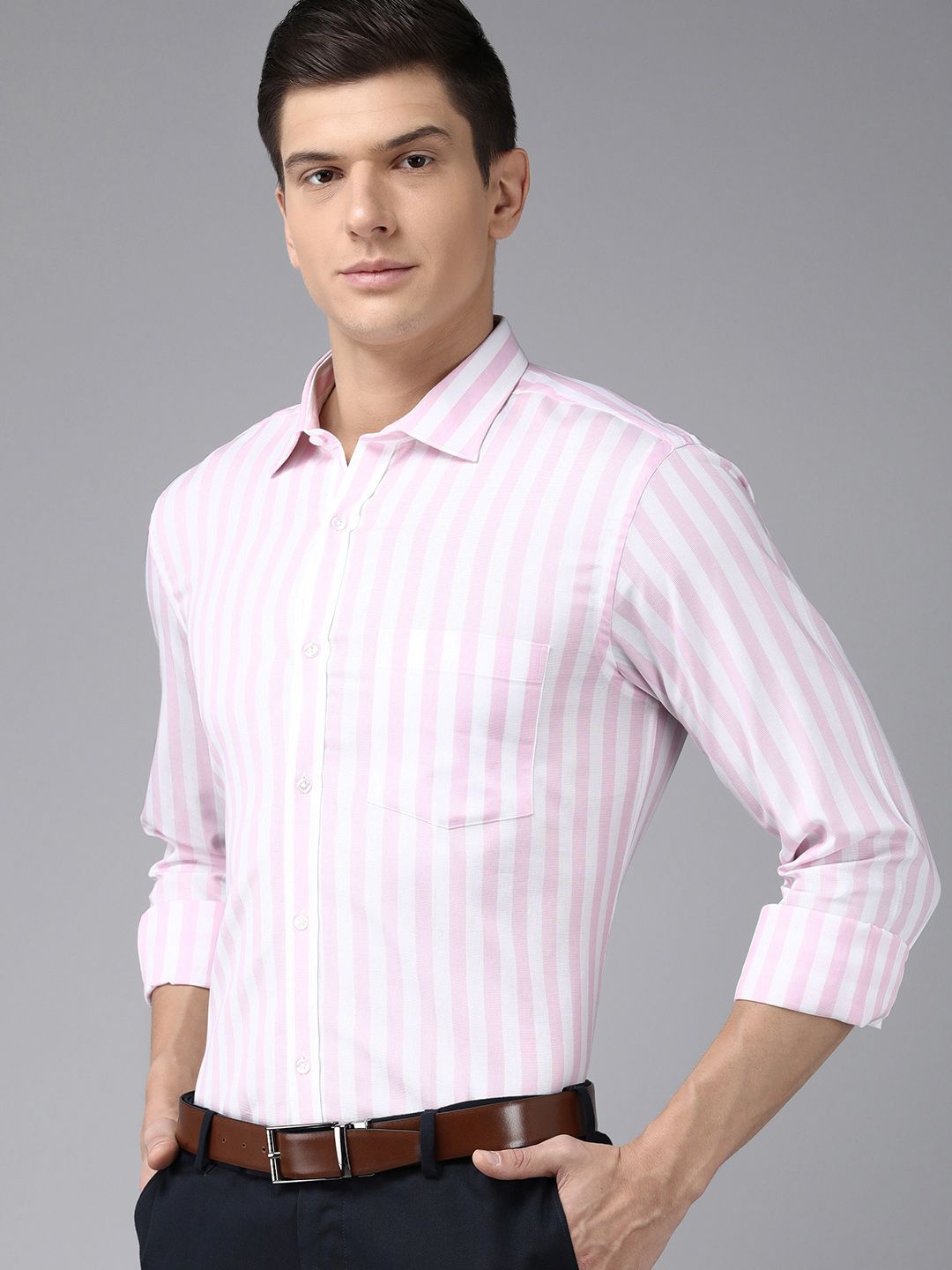 Park Avenue Men White & Pink Slim Fit Striped Formal Shirt