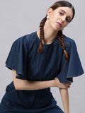 STREET 9 Navy Blue Flared Sleeves Indigo Pure Cotton Denim Smocked Styled Back Crop Top
